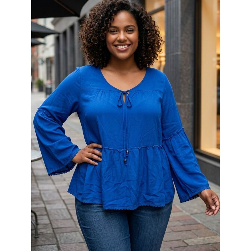 Signature StudioβPlus 1X Royal Blue Bell Sleeve Tie Neck Blouse Bold Flattering
